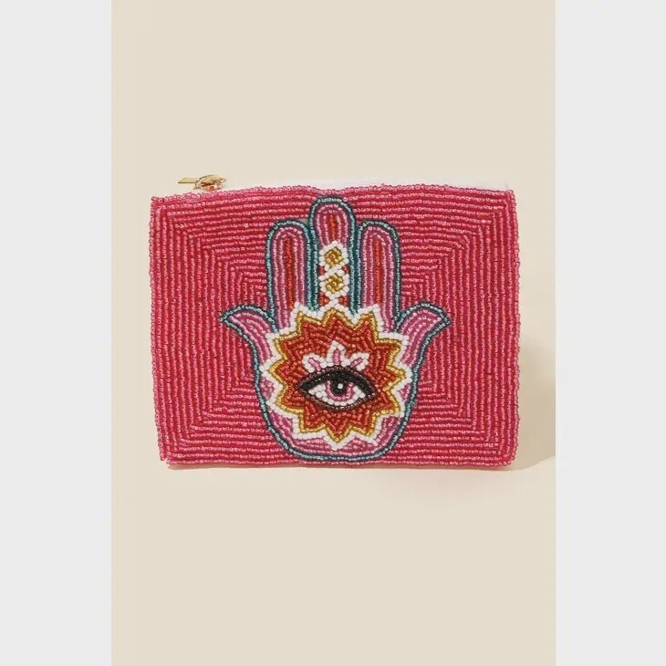Pink Beaded Hamsa Hand Coin Purse
