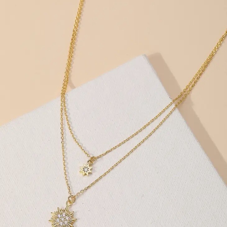 Layered Mini Pave Sun Charm Necklace, Colour: Gold
