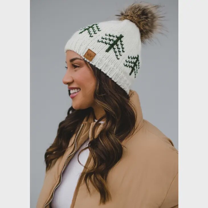 Off White &amp; Olive Tree Pattern Pom Hat