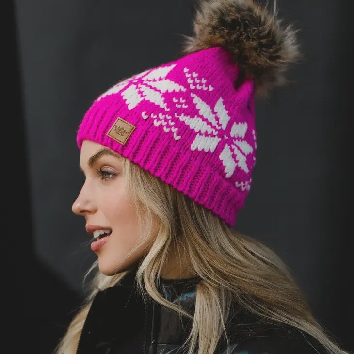 Pink &amp; White Snowflake Pom Hat