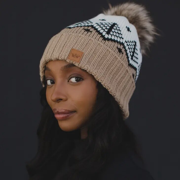 Tan, White &amp; Black Fair Isle Pom Hat