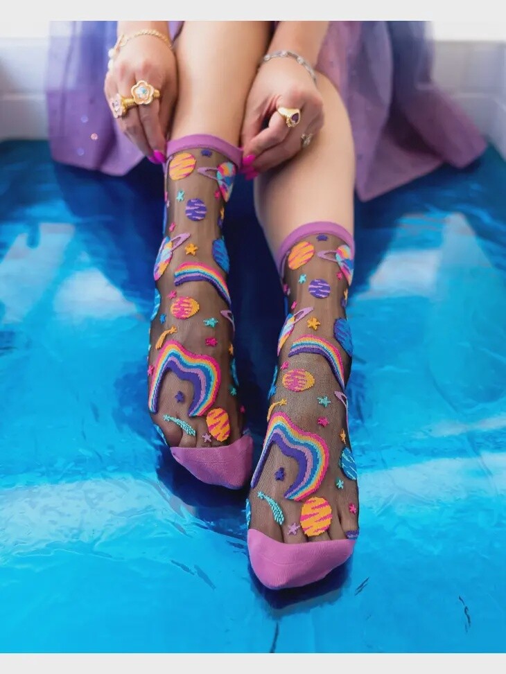 Pop Art Planets Black Sheer Crew Socks