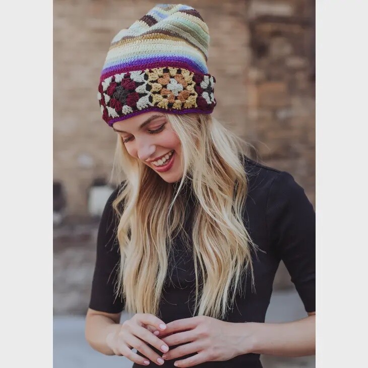 Yellow, Brown &amp; Blue Crochet Beanie Hat