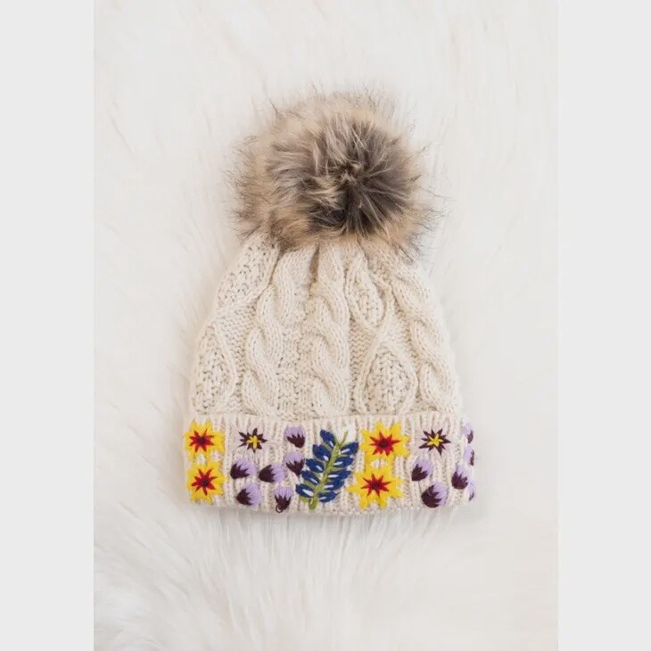 Beige with Floral Beanie Hat with Faux Fur Pom