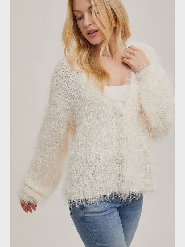 Pearl Button Down Fuzzy Knit Cardigan Sweater- Vanilla