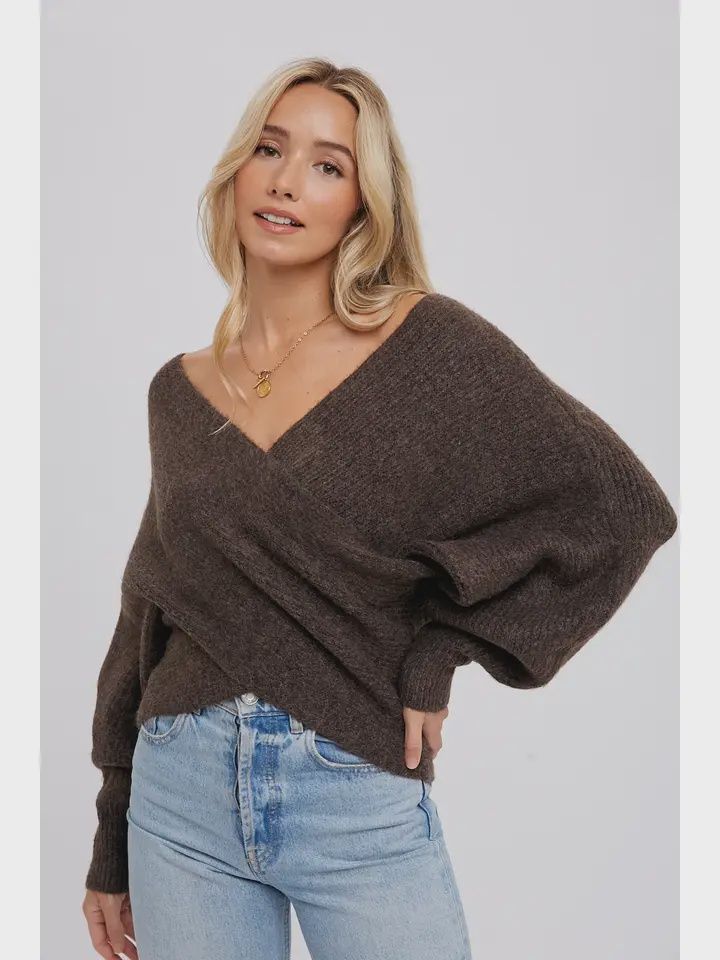 Crossover Ribbed Pullover Sweater, Color: Ash, Size: S/M
