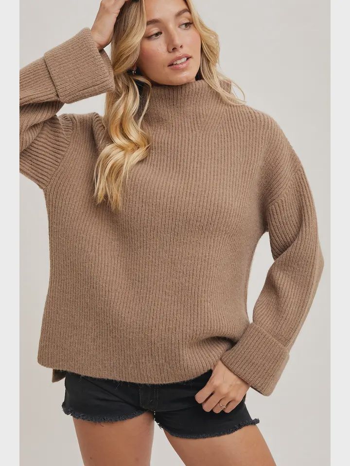 Funnel Neck Oversized Pullover Sweater- Oatmeal, Color: Oatmeal, Size: S/M