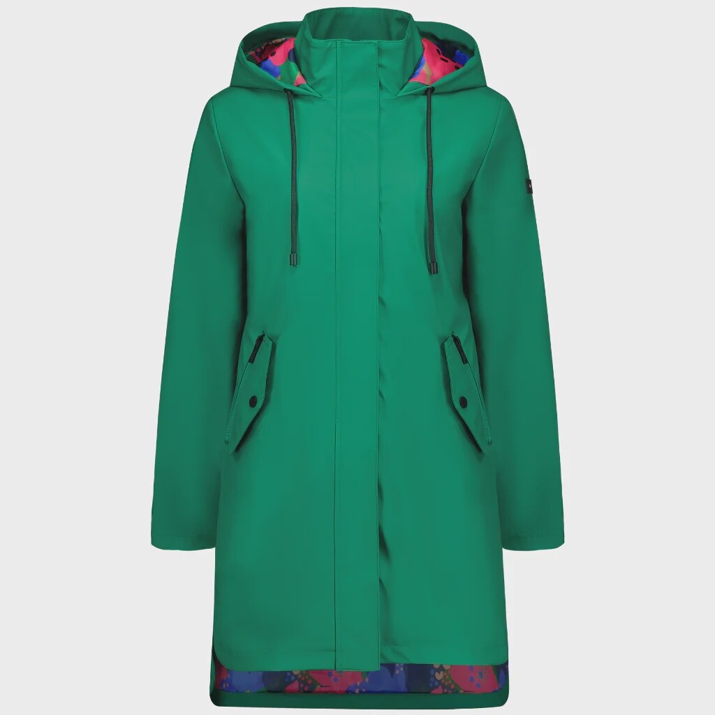 Billie Coated Rain Coat, Colour: Emerald Puddles, Size: S