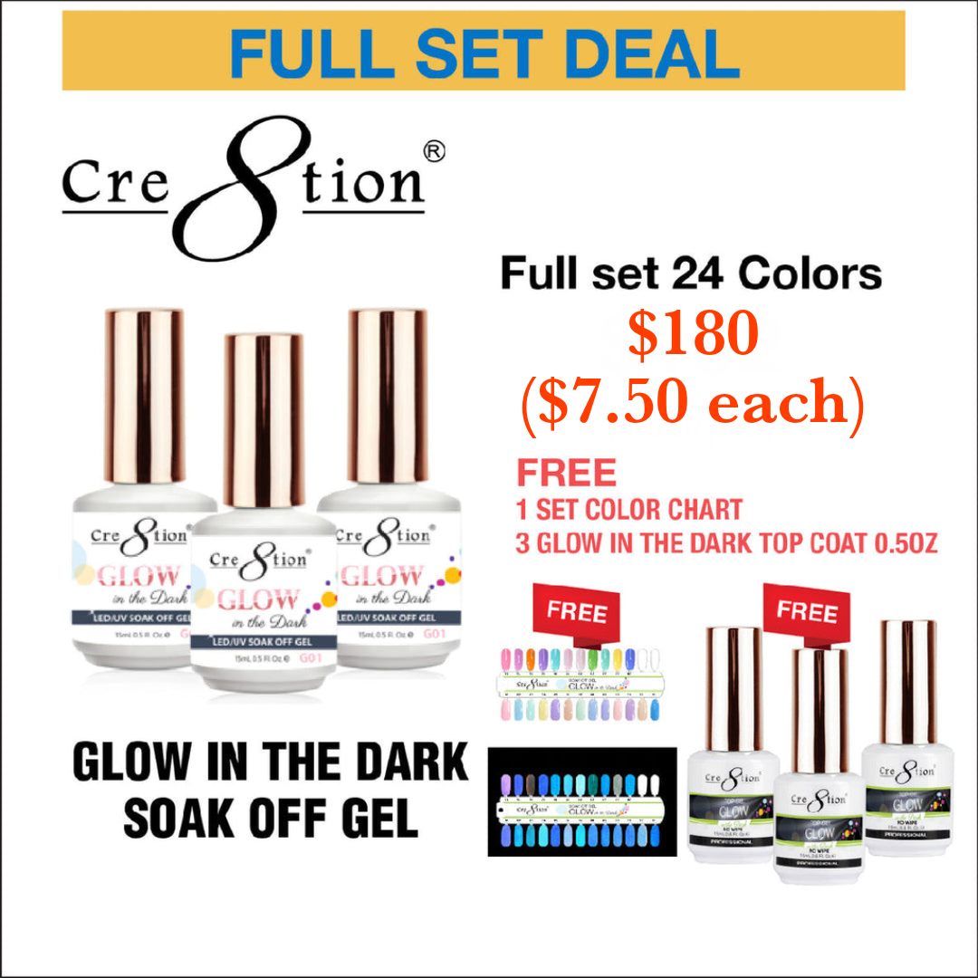 Cre8tion Glow Soak Off Gel 0.5oz - Full Set 24 colors w/ 3 Glow Top Gel & Free Color Chart - $7.50 each