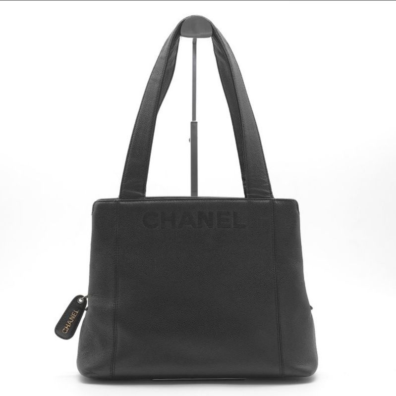 Chanel Black  Caviar Leather Logo Tote Bag