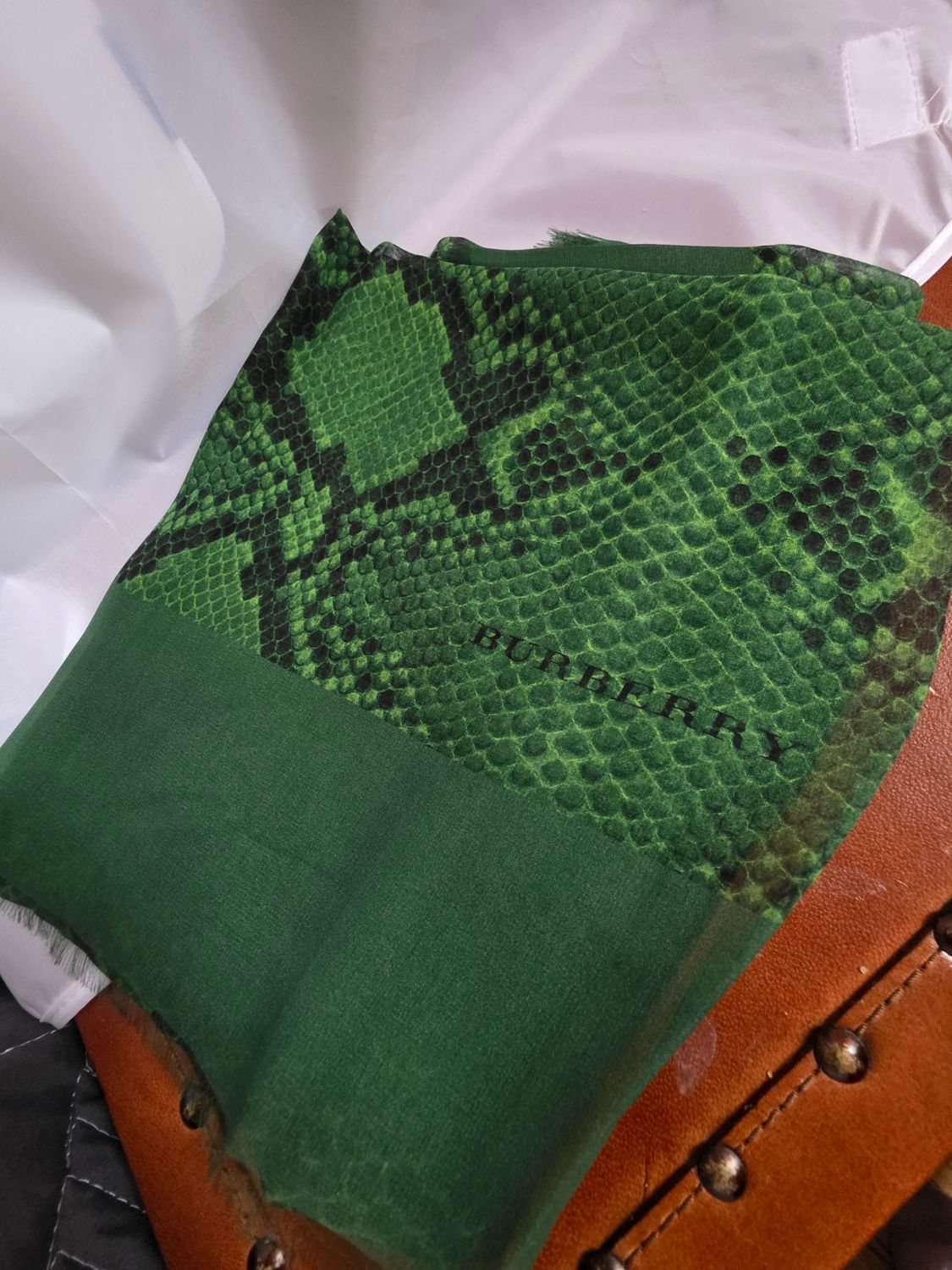 Burberry Green Mousseline de Soie Silk Scarf