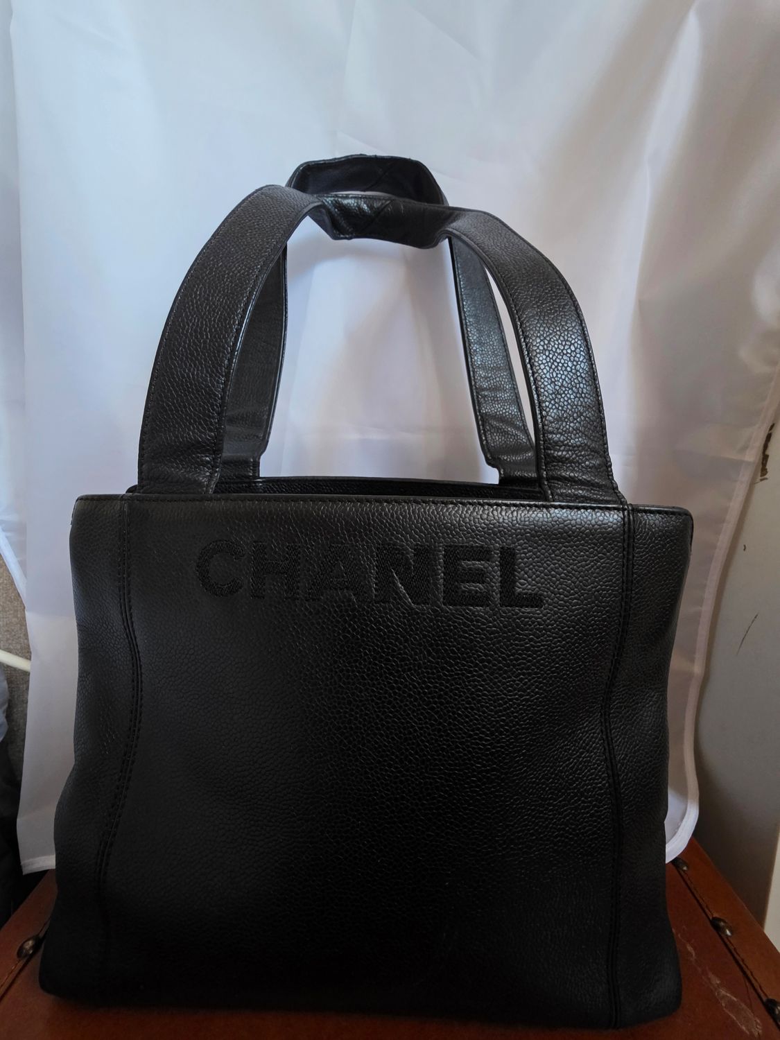 Chanel Black  Caviar Leather Logo Tote Bag