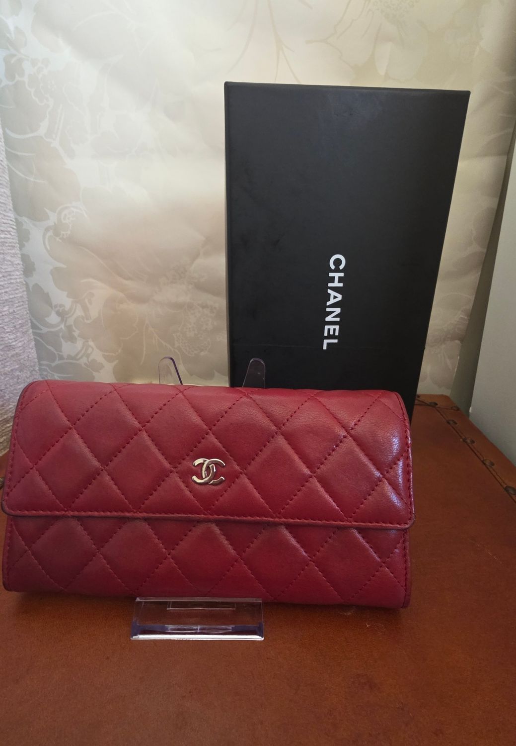 Chanel Red lambskin leather long wallet 