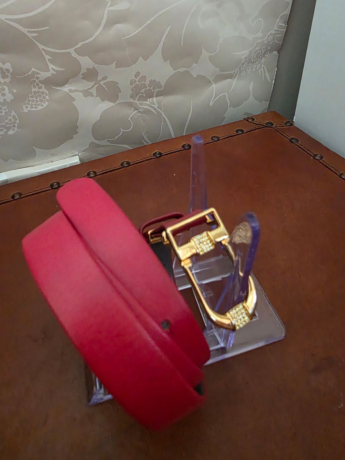 Christian Dior Red Rhinestone Buckle Belt – Size 70