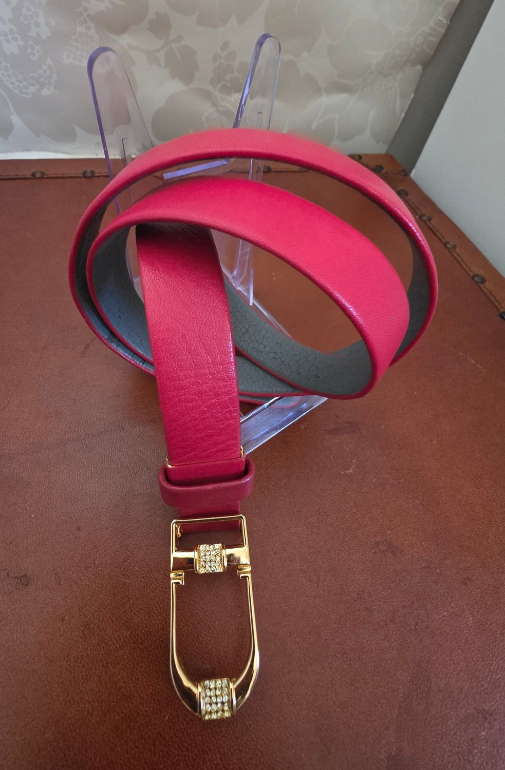 Christian Dior Red Rhinestone Buckle Belt – Size 70