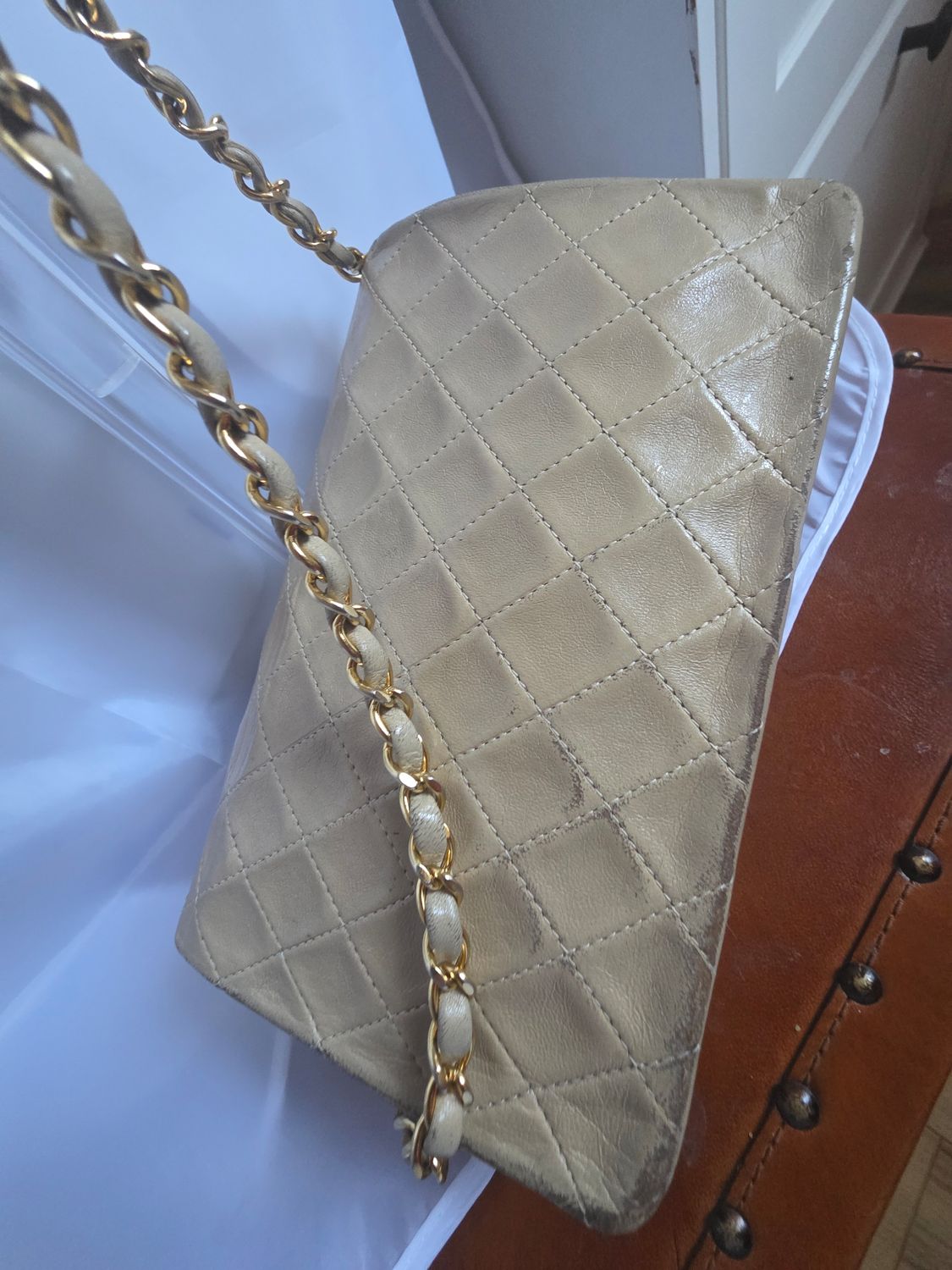 Chanel Beige Matelassé Leather Shoulder Bag