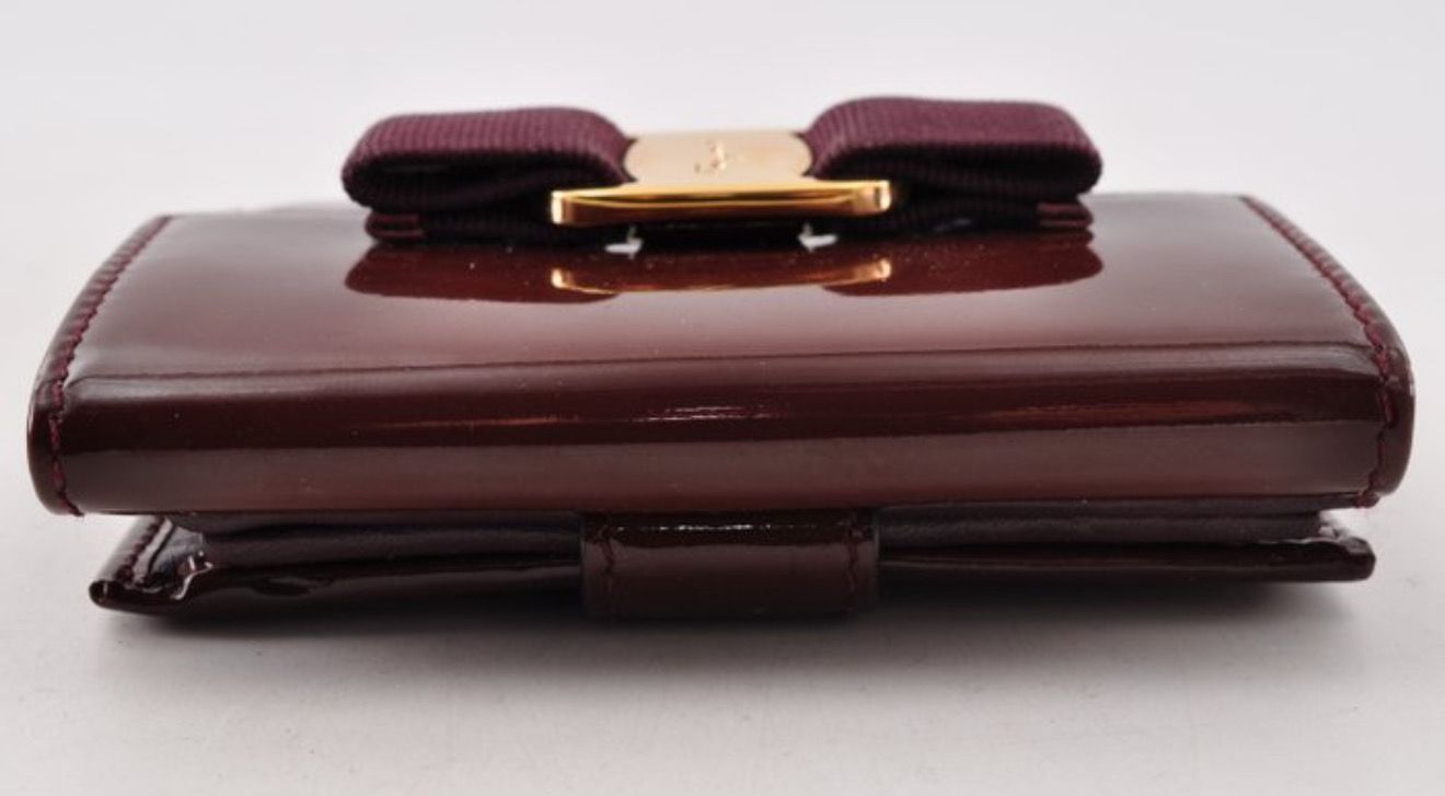 Salvatore Ferragamo Bars Bow Wallet Patent Leather Burgundy