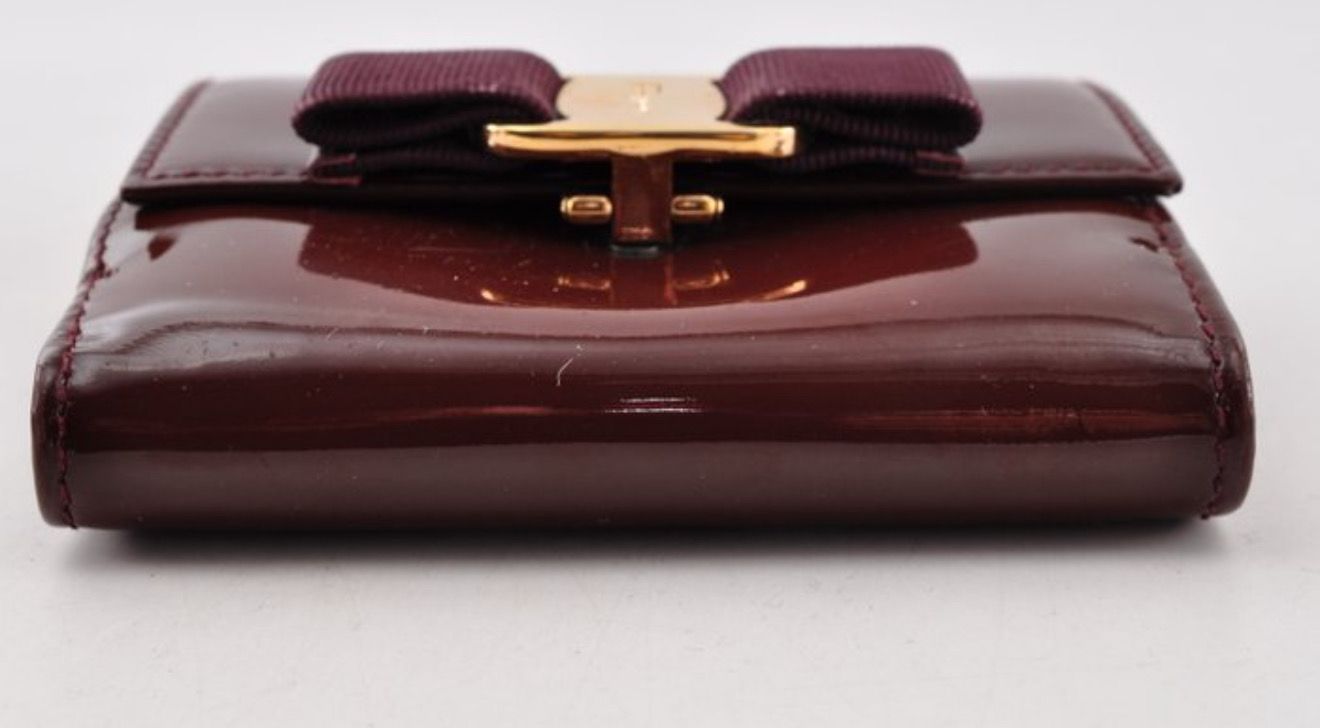 Salvatore Ferragamo Bars Bow Wallet Patent Leather Burgundy