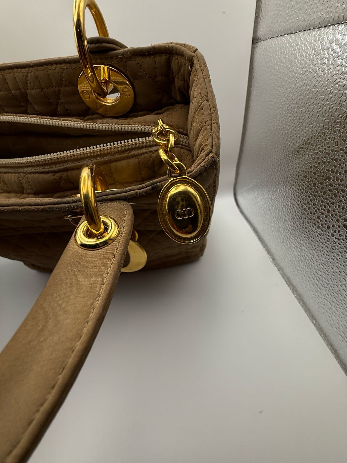 Christian Dior Lady Dior Handbag – Beige Nylon with Gold-Plated Hardware