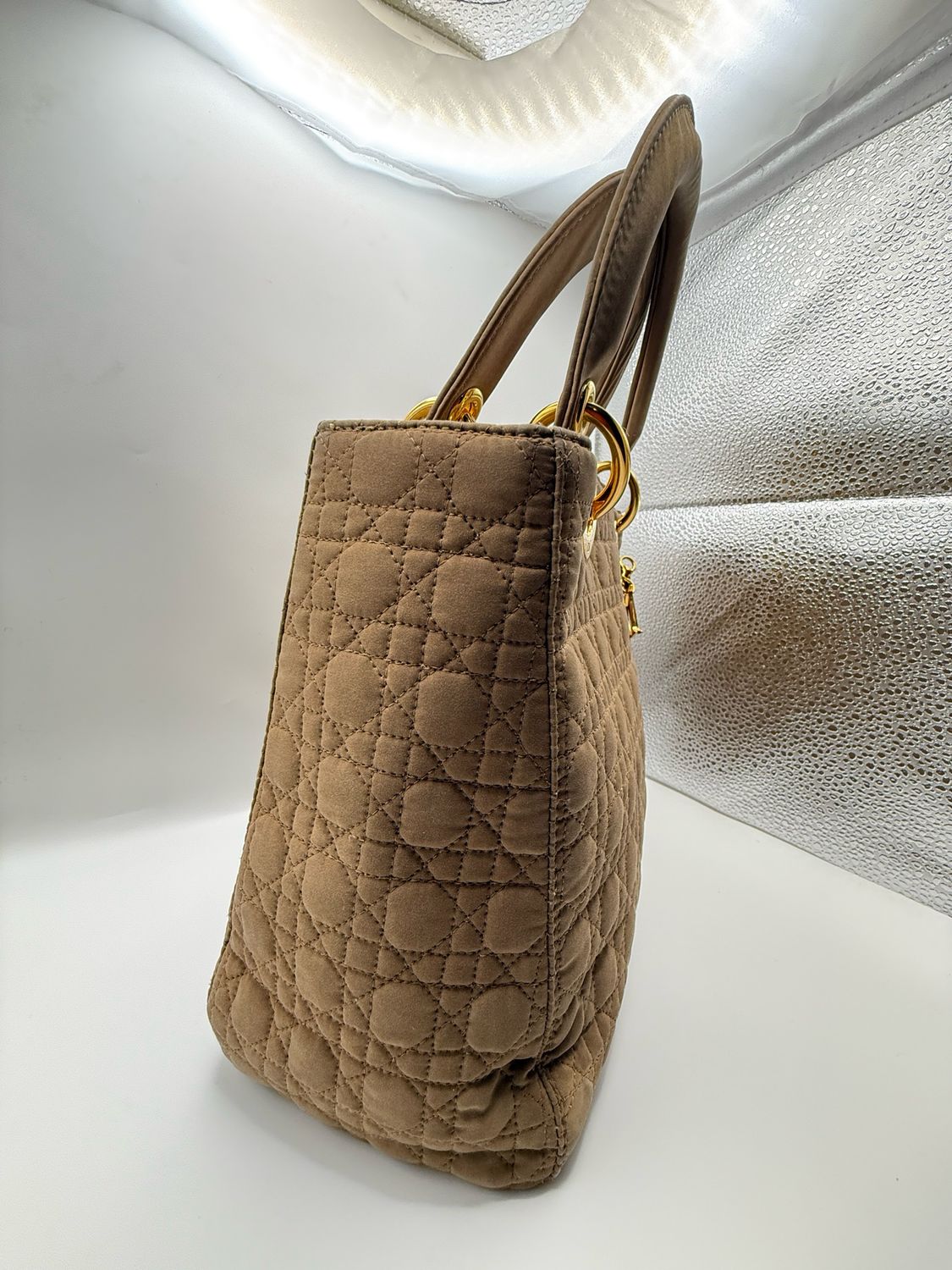 Christian Dior Lady Dior Handbag – Beige Nylon with Gold-Plated Hardware