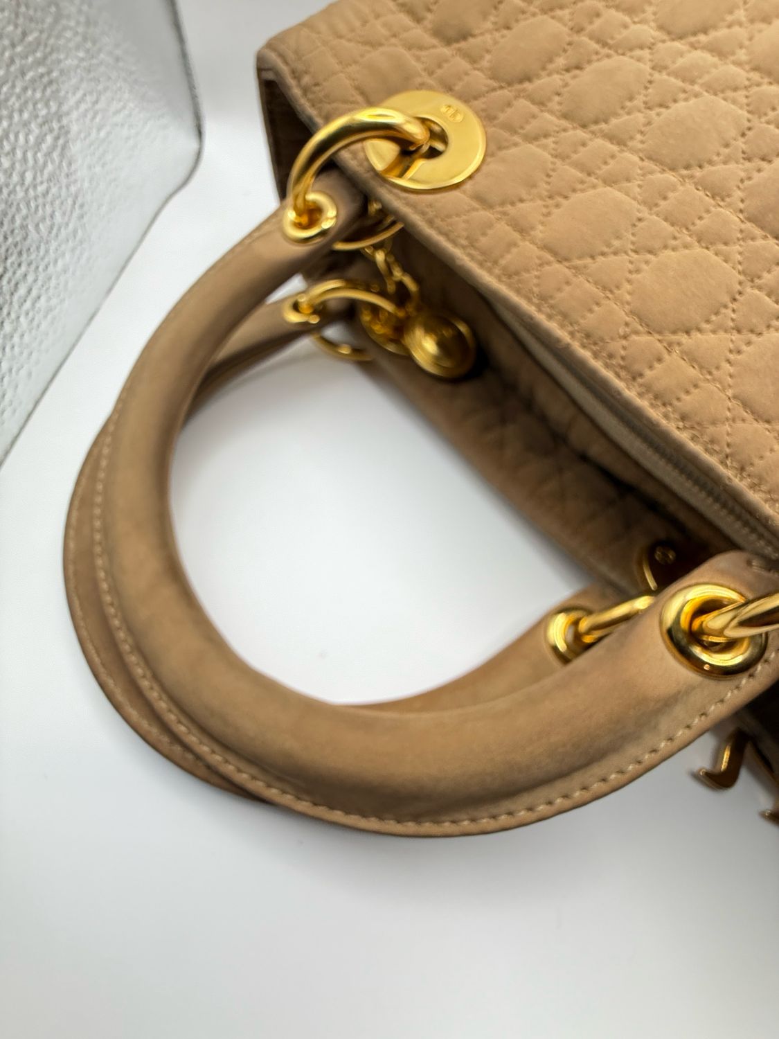 Christian Dior Lady Dior Handbag – Beige Nylon with Gold-Plated Hardware