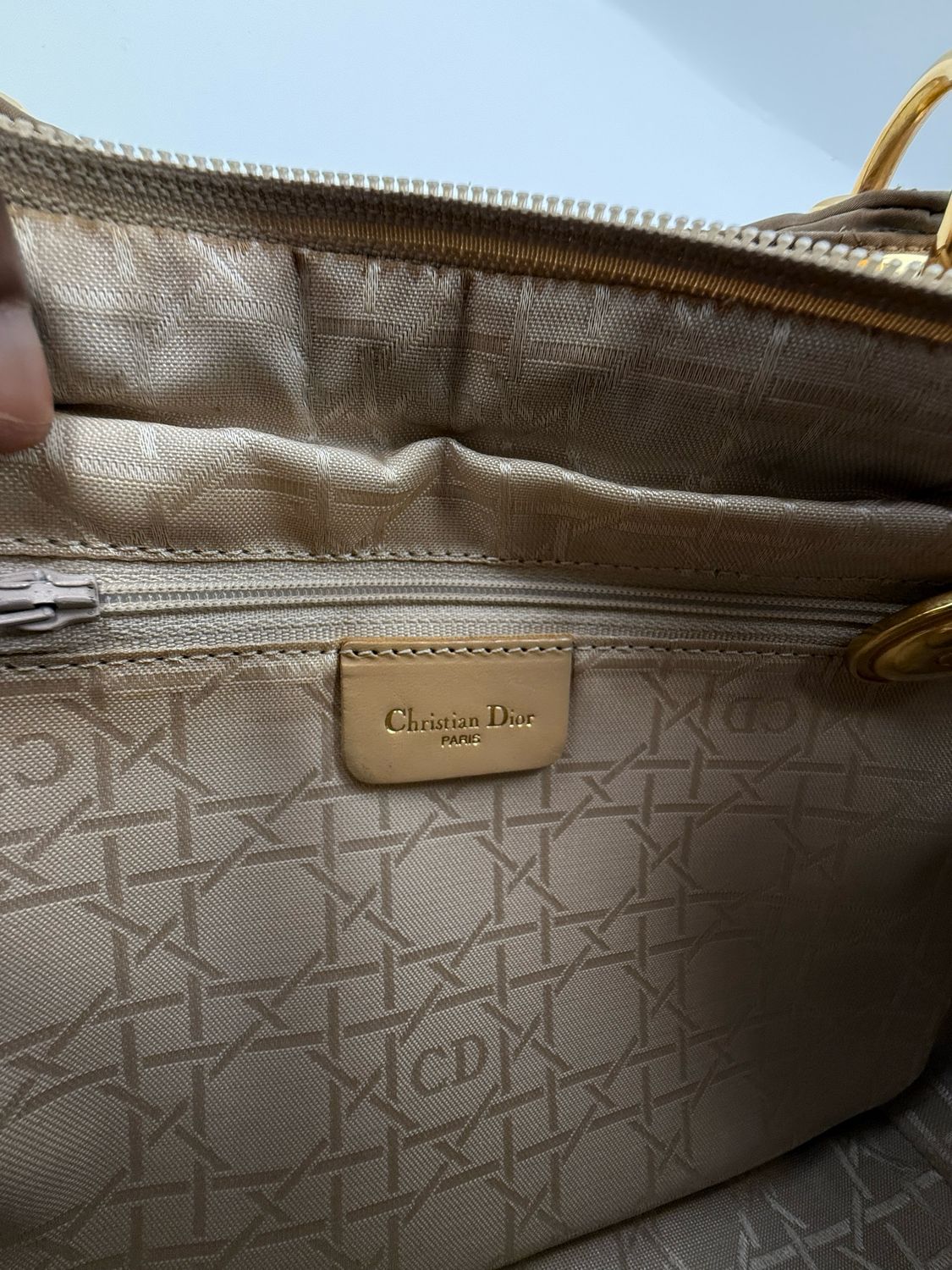 Christian Dior Lady Dior Handbag – Beige Nylon with Gold-Plated Hardware