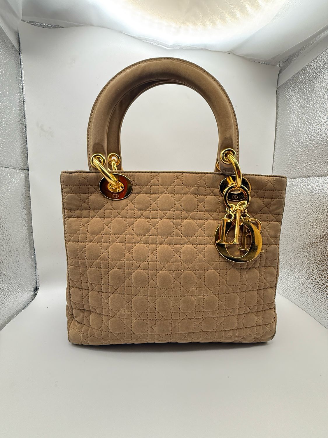 Christian Dior Lady Dior Handbag – Beige Nylon with Gold-Plated Hardware
