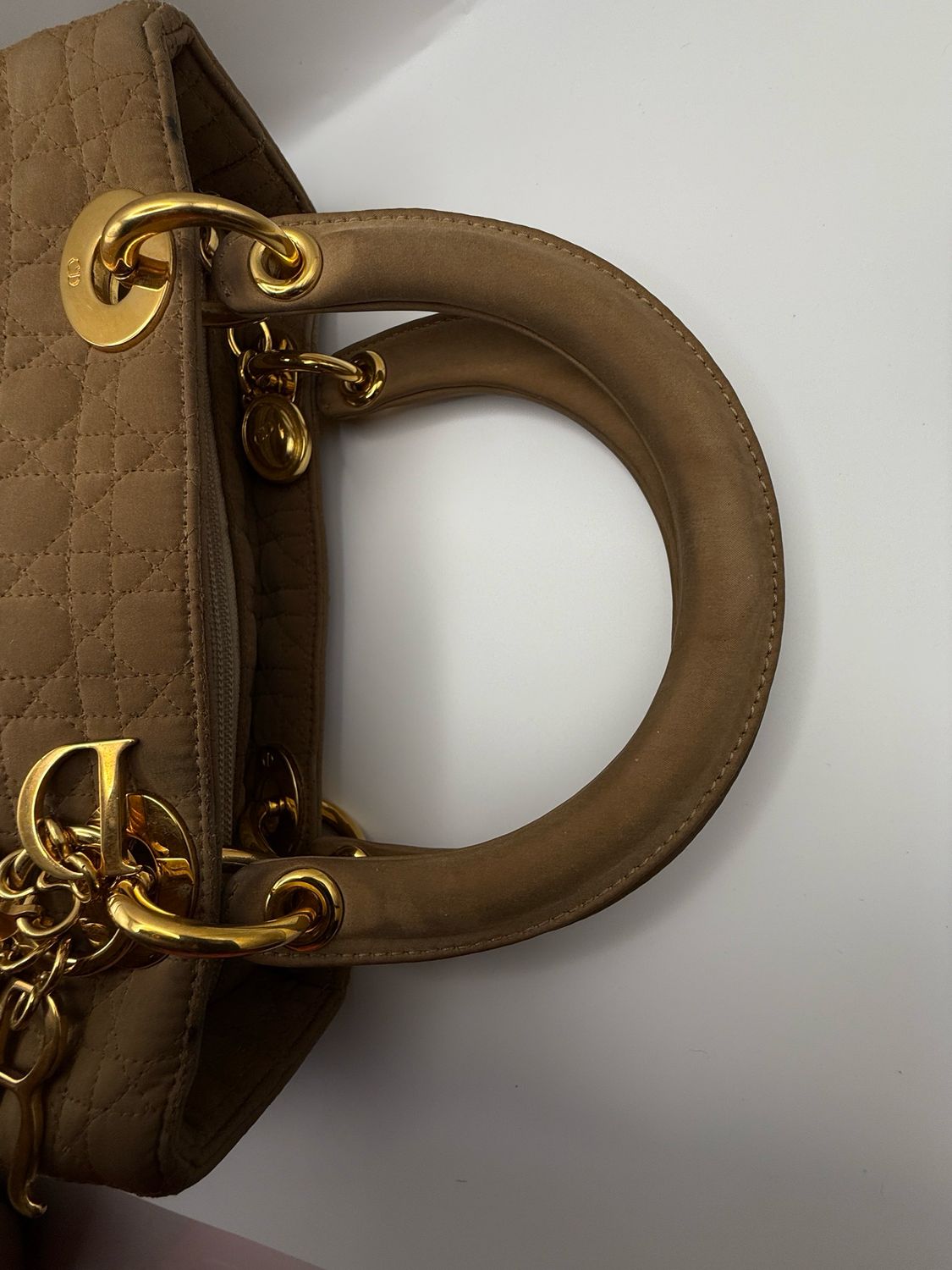 Christian Dior Lady Dior Handbag – Beige Nylon with Gold-Plated Hardware