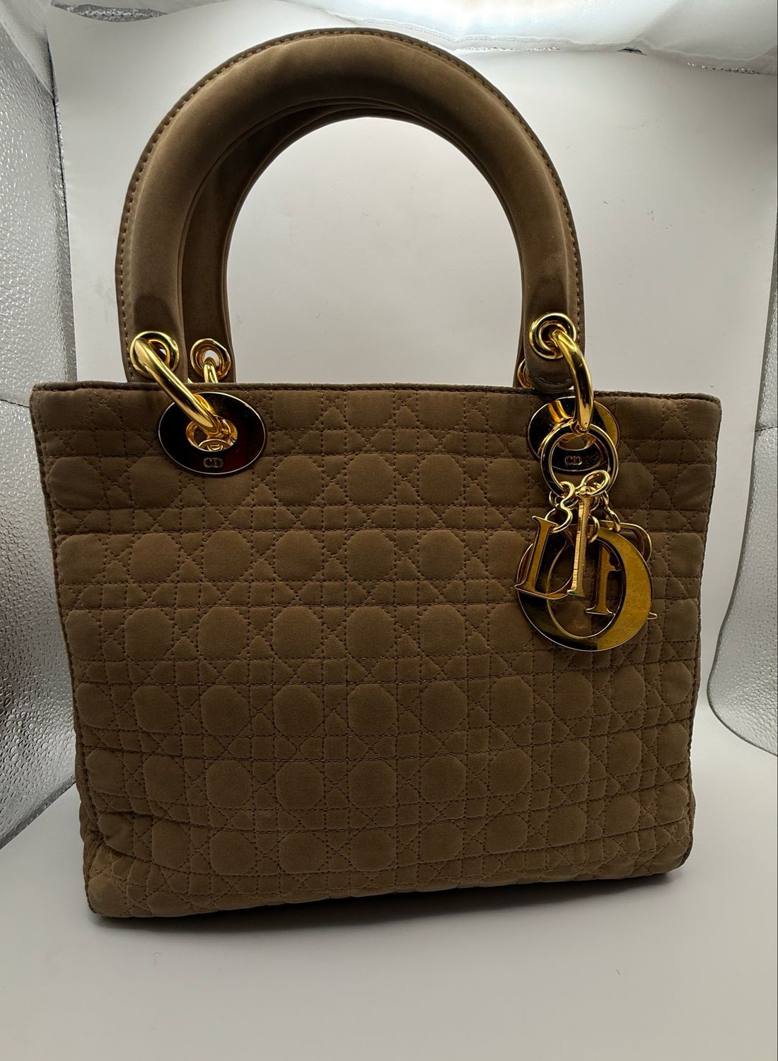 Christian Dior Lady Dior Handbag – Beige Nylon with Gold-Plated Hardware