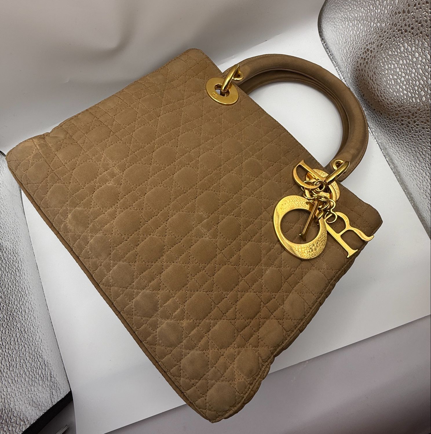 Christian Dior Lady Dior Handbag – Beige Nylon with Gold-Plated Hardware