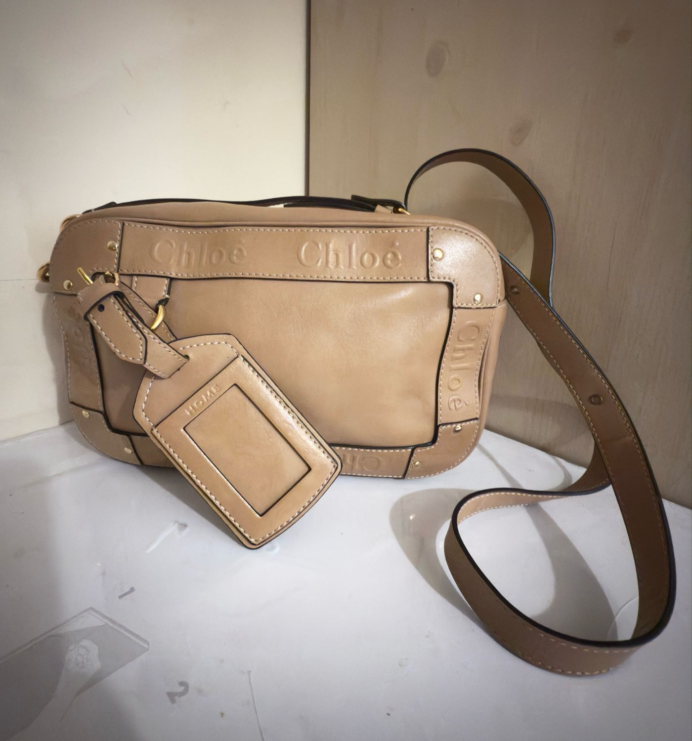 Chloè Eden Leather Camera Bag w/ Strap and Hassle Beige
