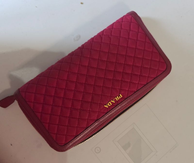 Prada Nylon/leather Zip Round Red Wallet