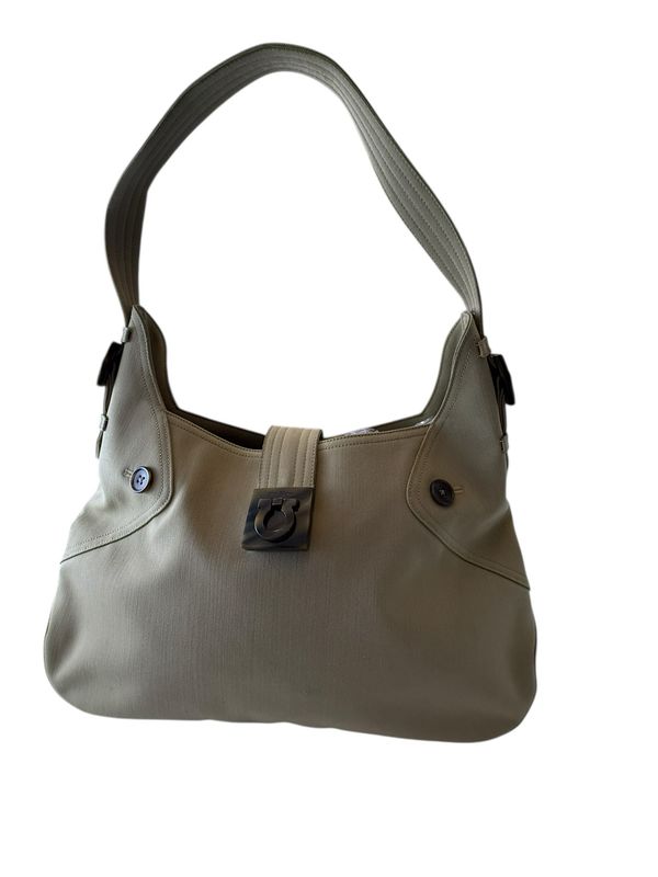 Salvatore Ferragamo Gancini Canvas Shoulder Bag Khaki