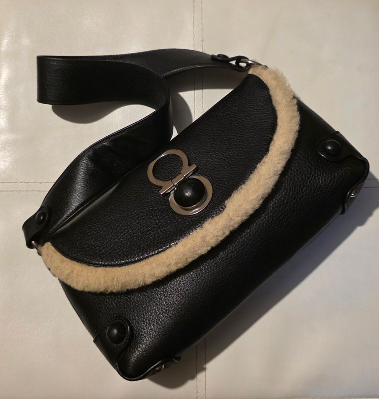 Salvatore Ferragamo Giancini fur trim black shoulder bag