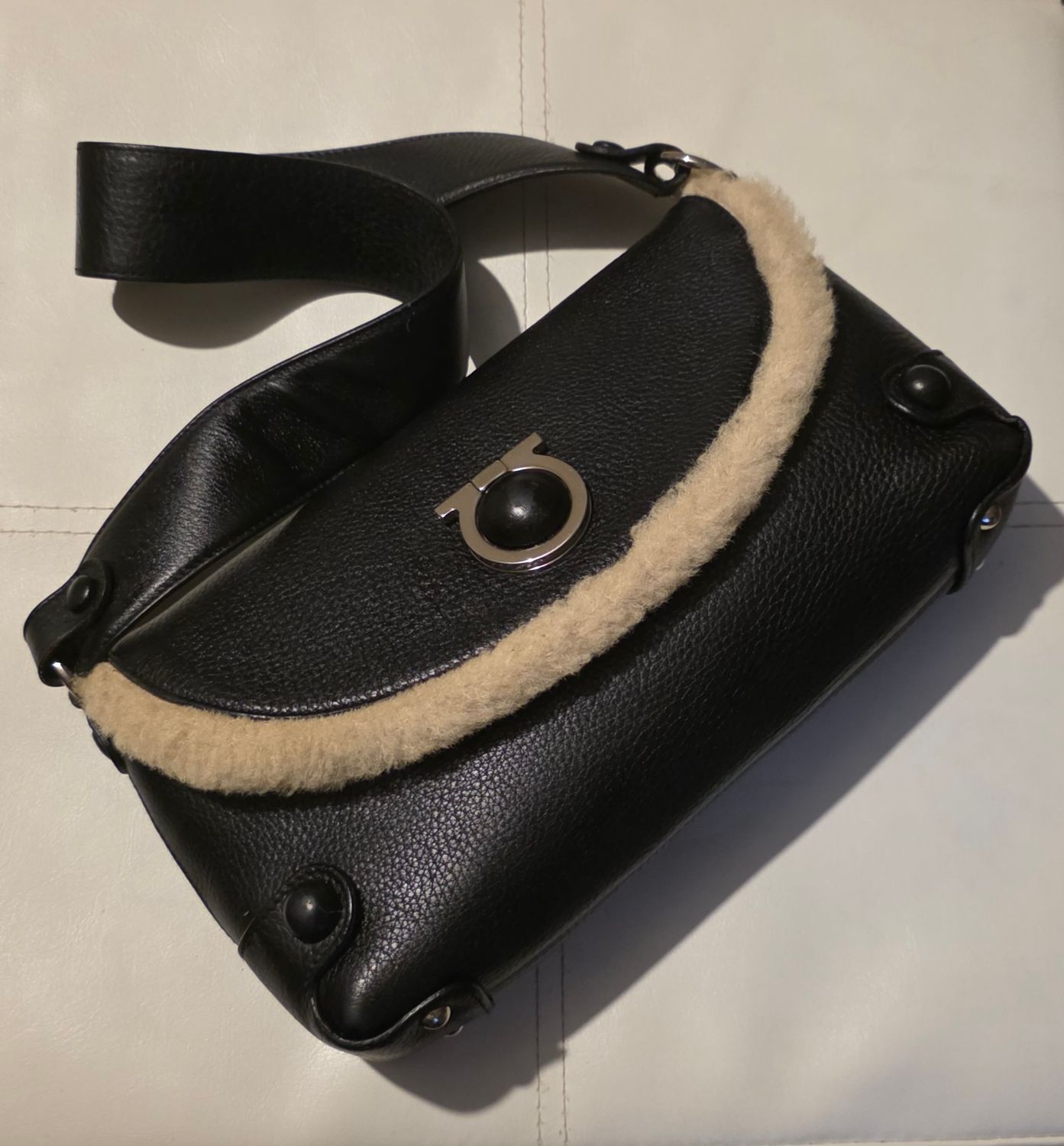 Salvatore Ferragamo Giancini fur trim black shoulder bag