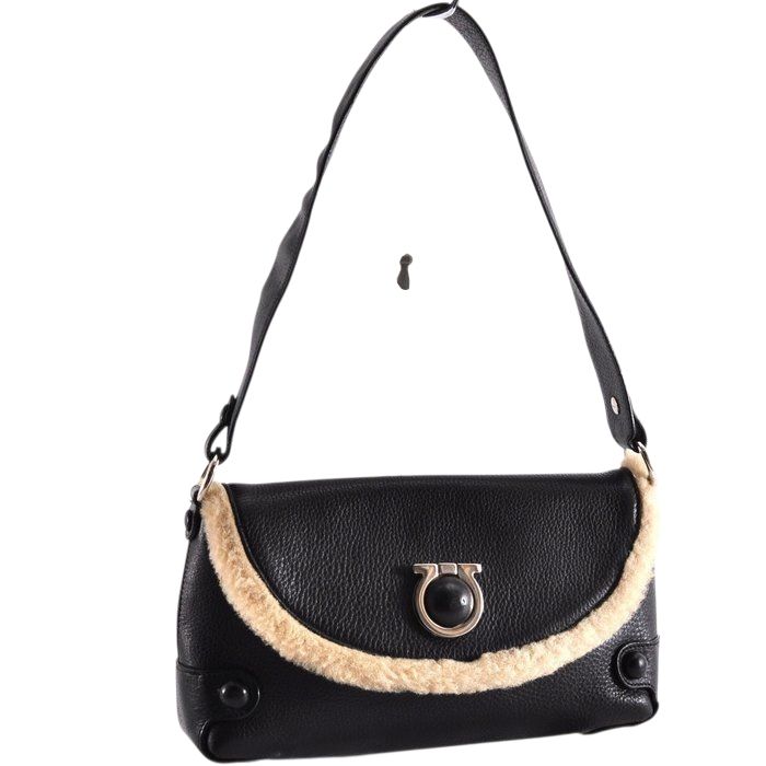 Salvatore Ferragamo Giancini fur trim black shoulder bag
