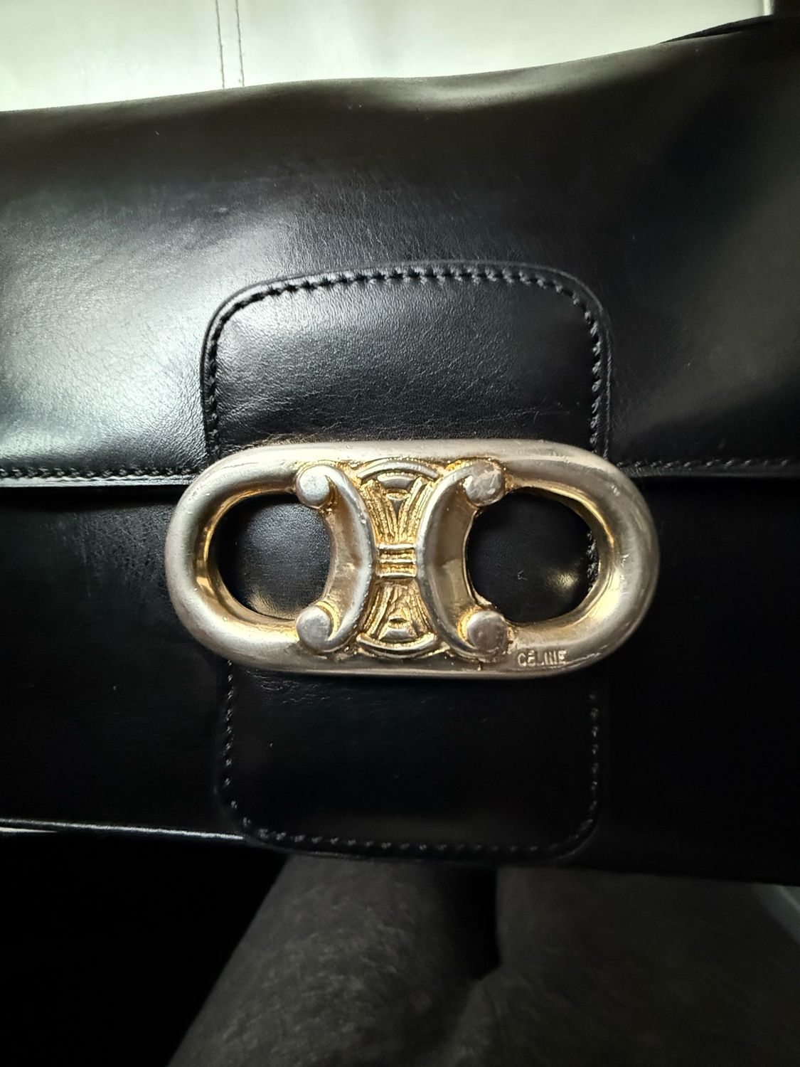 Vintage Celine Triomphe Box crossbody Leather purse Black