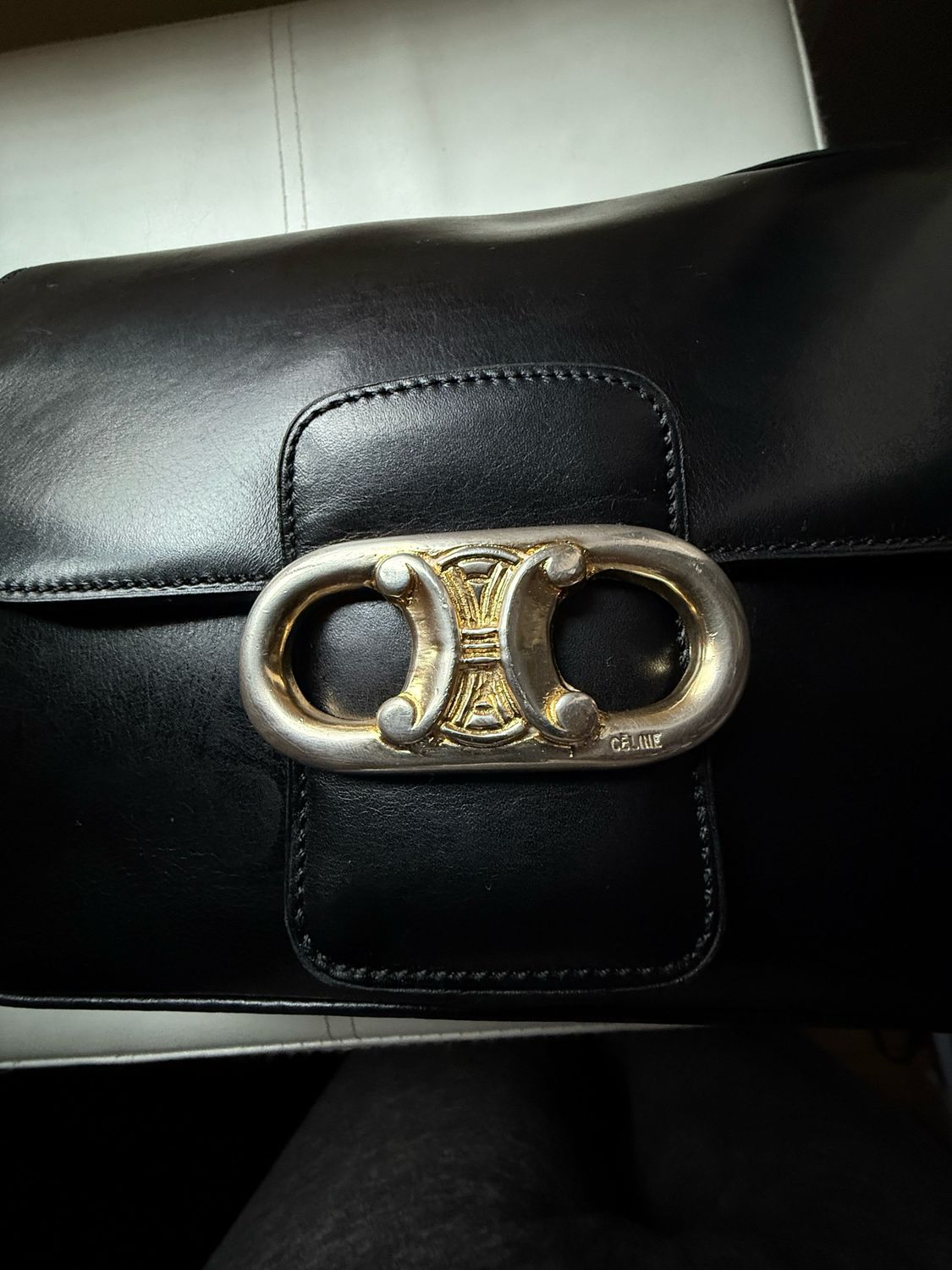 Vintage Celine Triomphe Box crossbody Leather purse Black