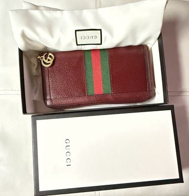 Gucci Ophidia GG Stripe Zip Around Wallet Bordeaux Leather (With Box)