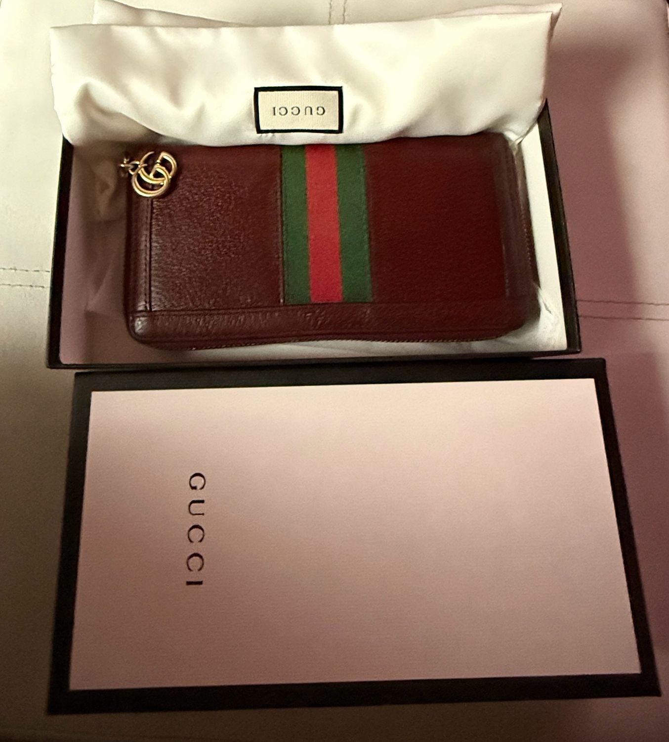 Gucci Ophidia GG Stripe Zip Around Wallet Bordeaux Leather (With Box)