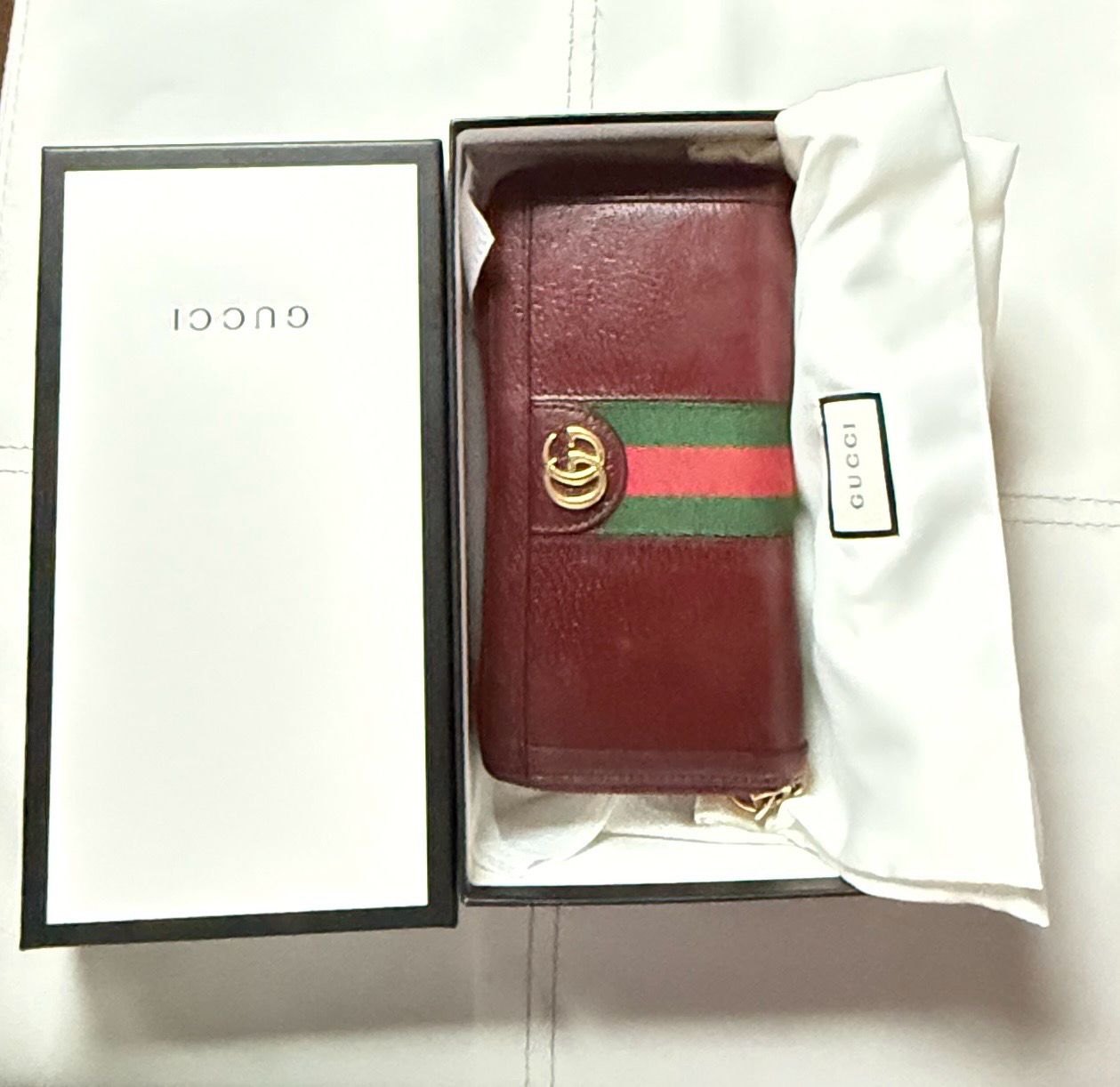 Gucci Ophidia GG Stripe Zip Around Wallet Bordeaux Leather (With Box)