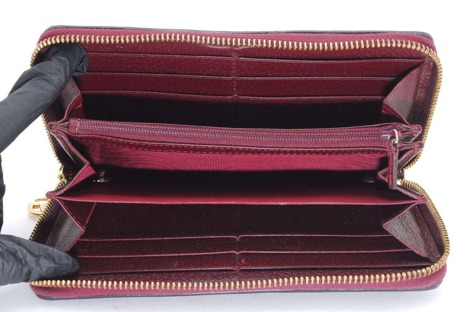 Gucci Ophidia GG Stripe Zip Around Wallet Bordeaux Leather (With Box)
