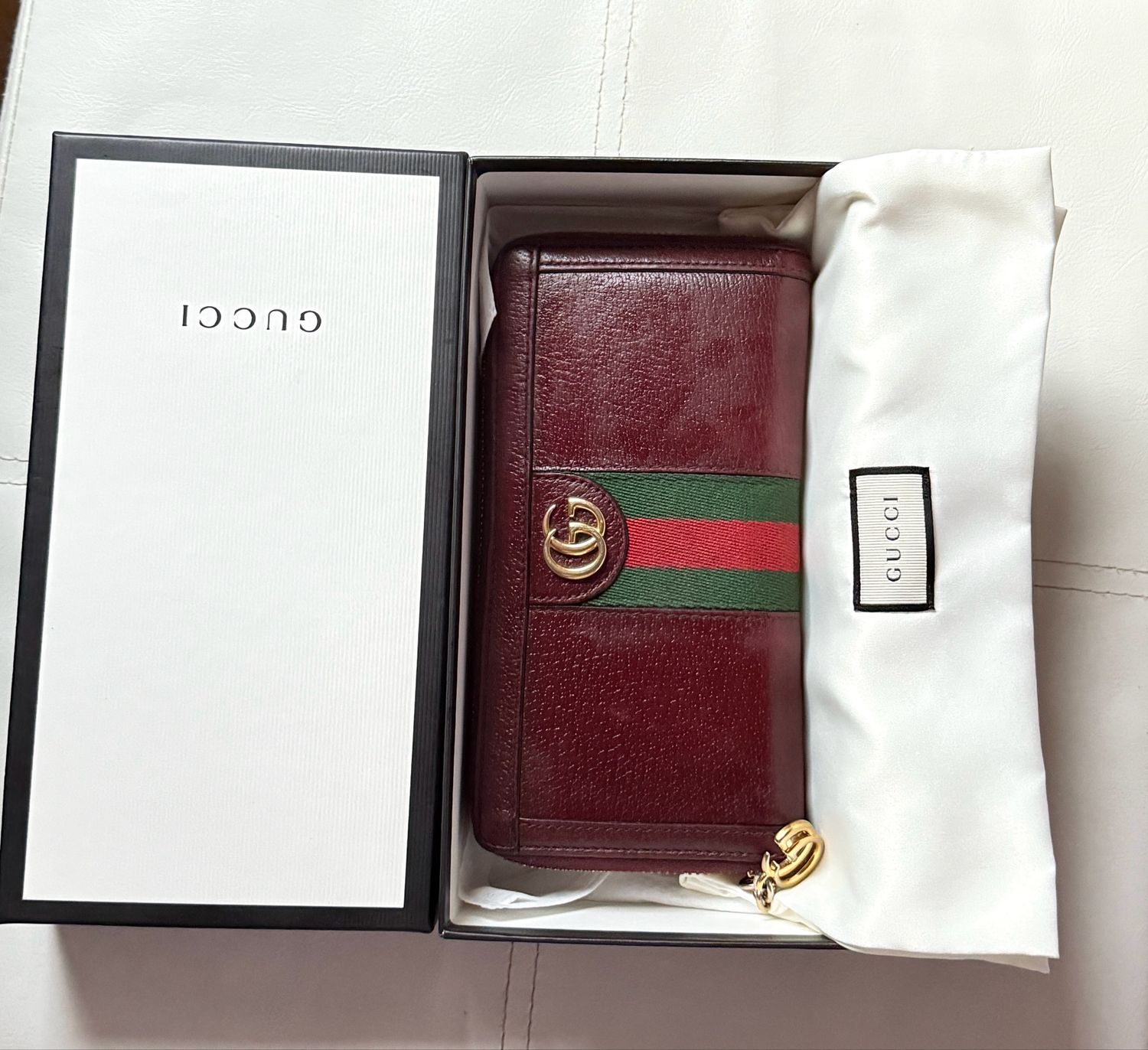 Gucci Ophidia GG Stripe Zip Around Wallet Bordeaux Leather (With Box)