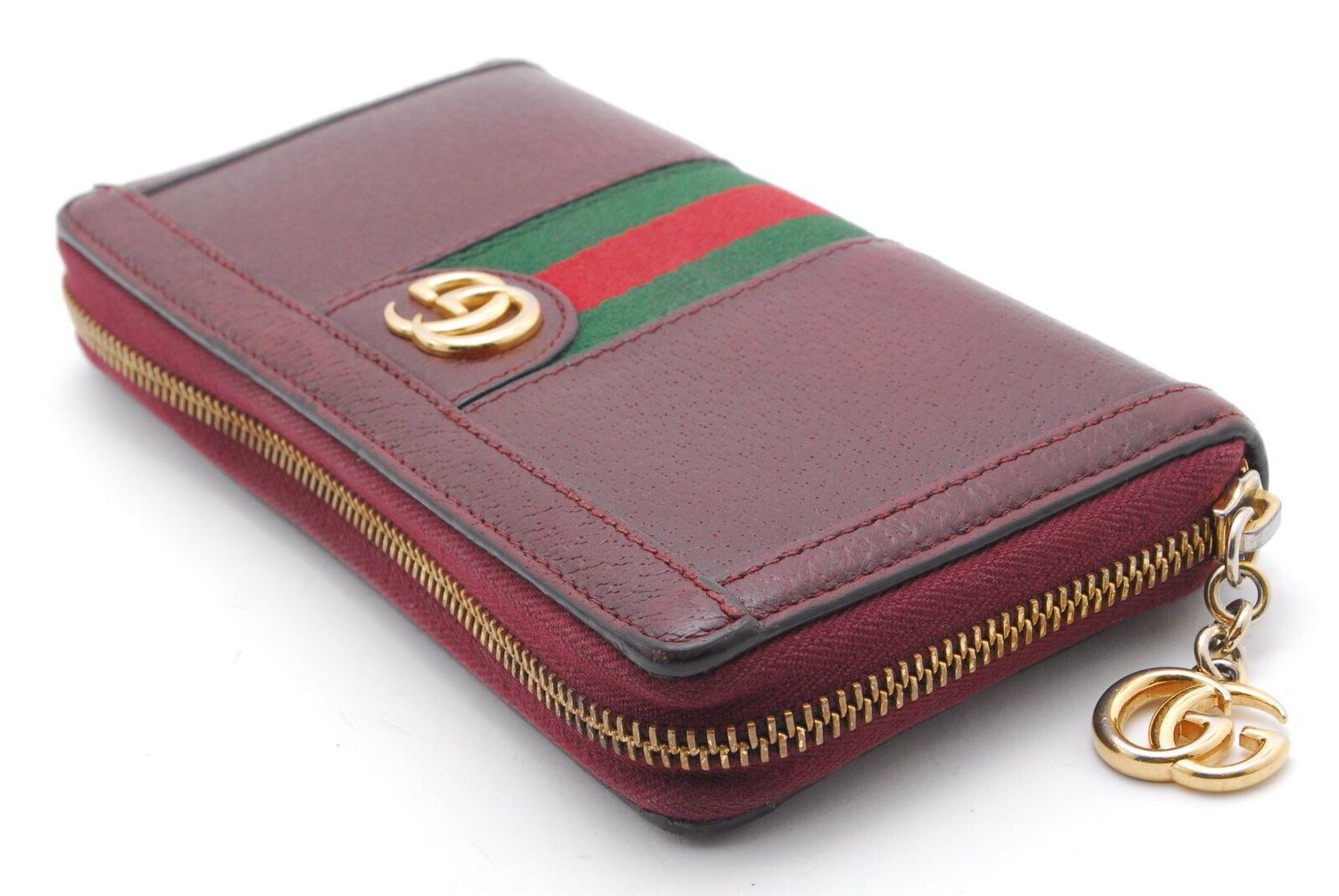 Gucci Ophidia GG Stripe Zip Around Wallet Bordeaux Leather (With Box)