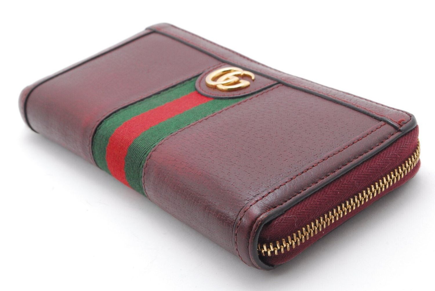 Gucci Ophidia GG Stripe Zip Around Wallet Bordeaux Leather (With Box)