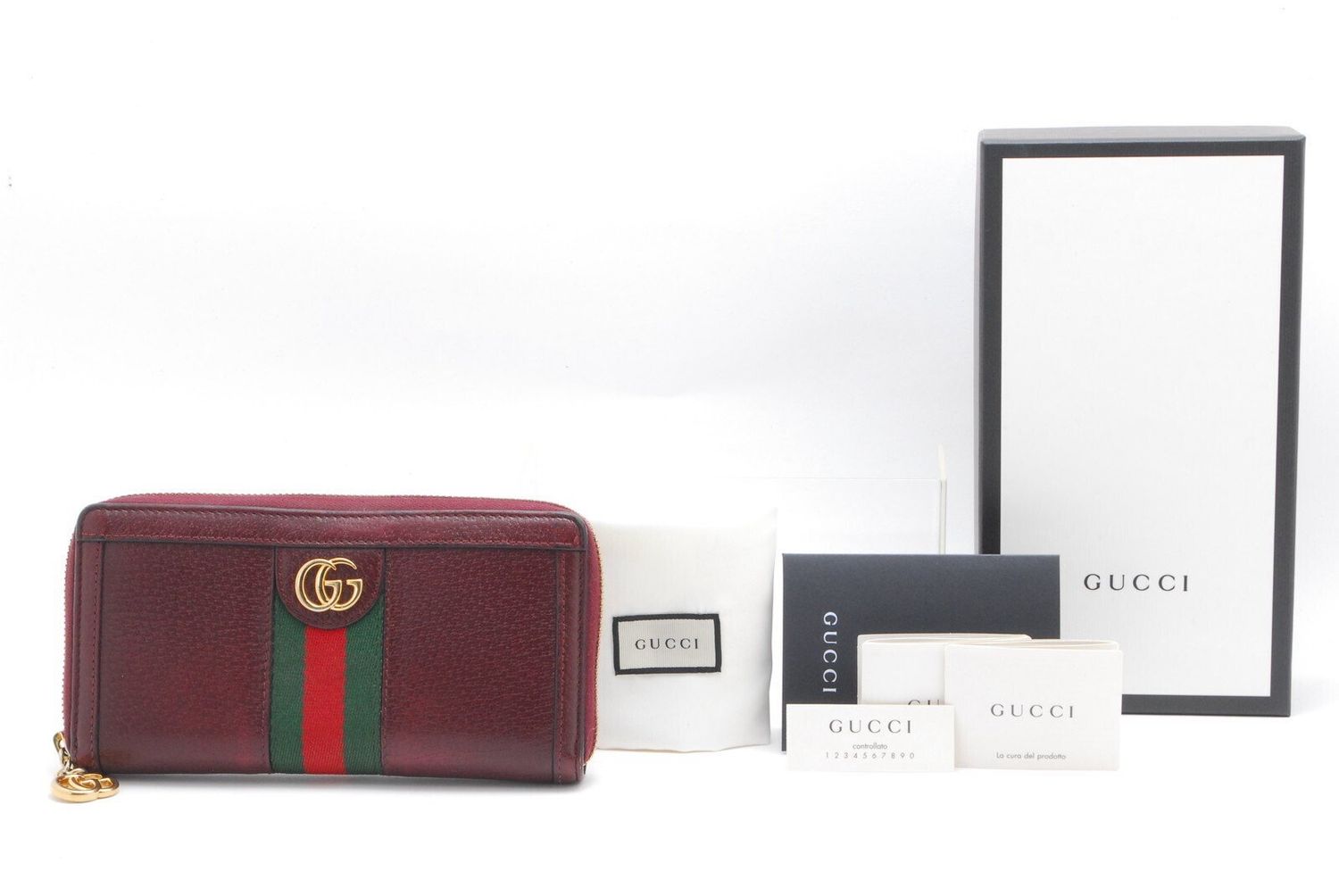 Gucci Ophidia GG Stripe Zip Around Wallet Bordeaux Leather (With Box)
