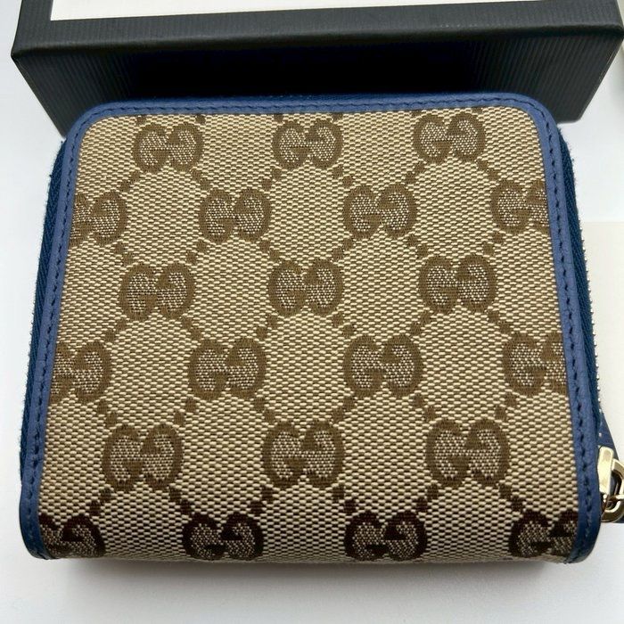 Gucci GG Canvas Compact Wallet Beige &amp; Blue With Box