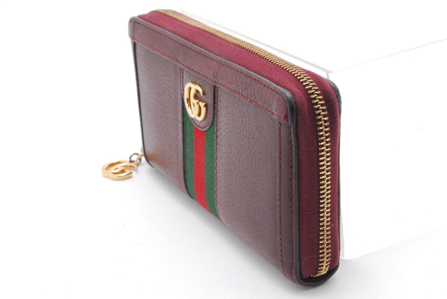 Gucci Ophidia GG Stripe Zip Around Wallet Bordeaux Leather (With Box)