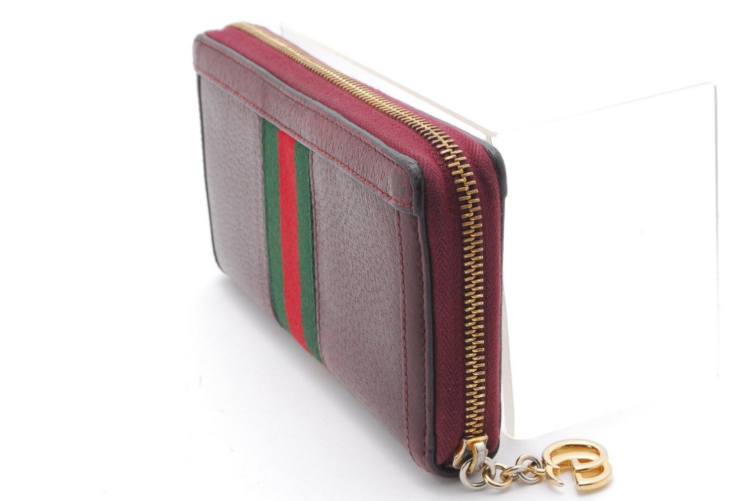 Gucci Ophidia GG Stripe Zip Around Wallet Bordeaux Leather (With Box)