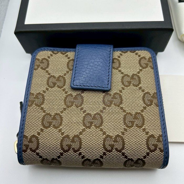 Gucci GG Canvas Compact Wallet Beige &amp; Blue With Box